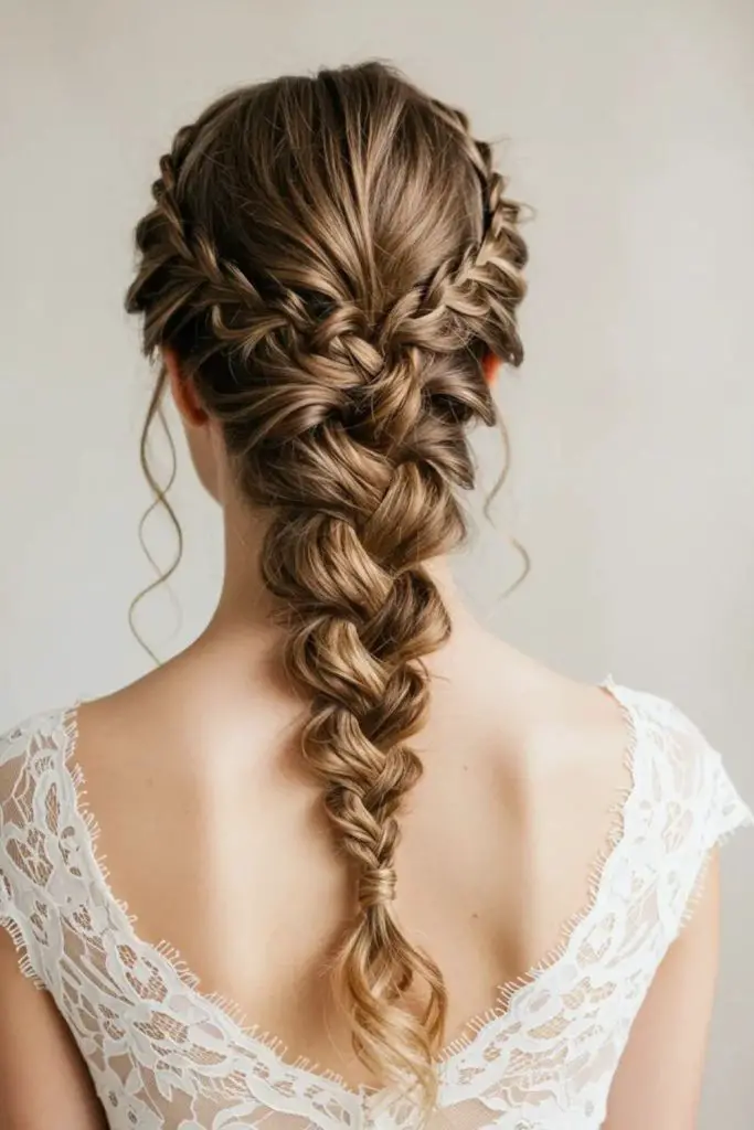 Messy cascading fishtail braid with glow.