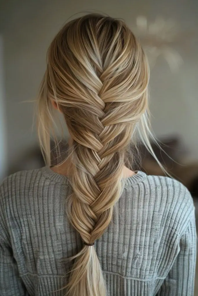 Pulled fishtail braid enhances hair volume.