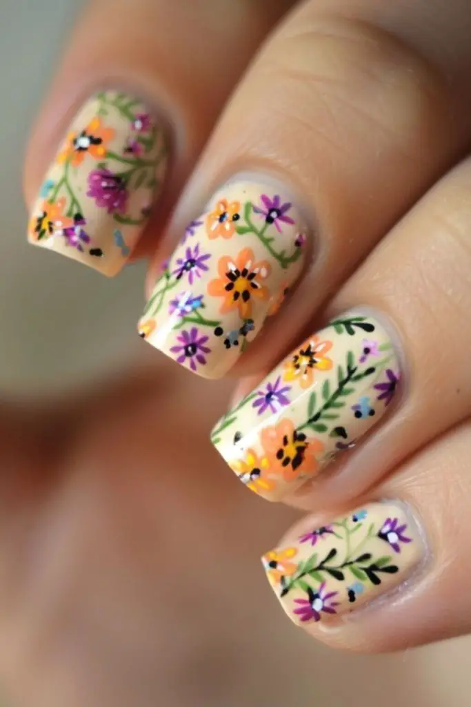 Coral streaks on nude short nails