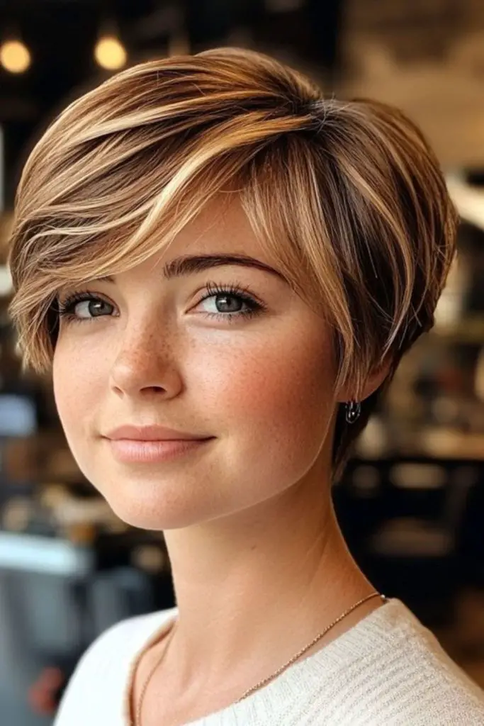 Bold angled pixie with shimmer