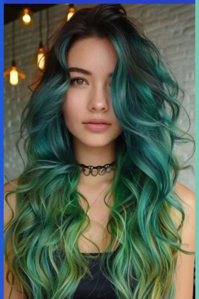Forest green layers burst and curl.