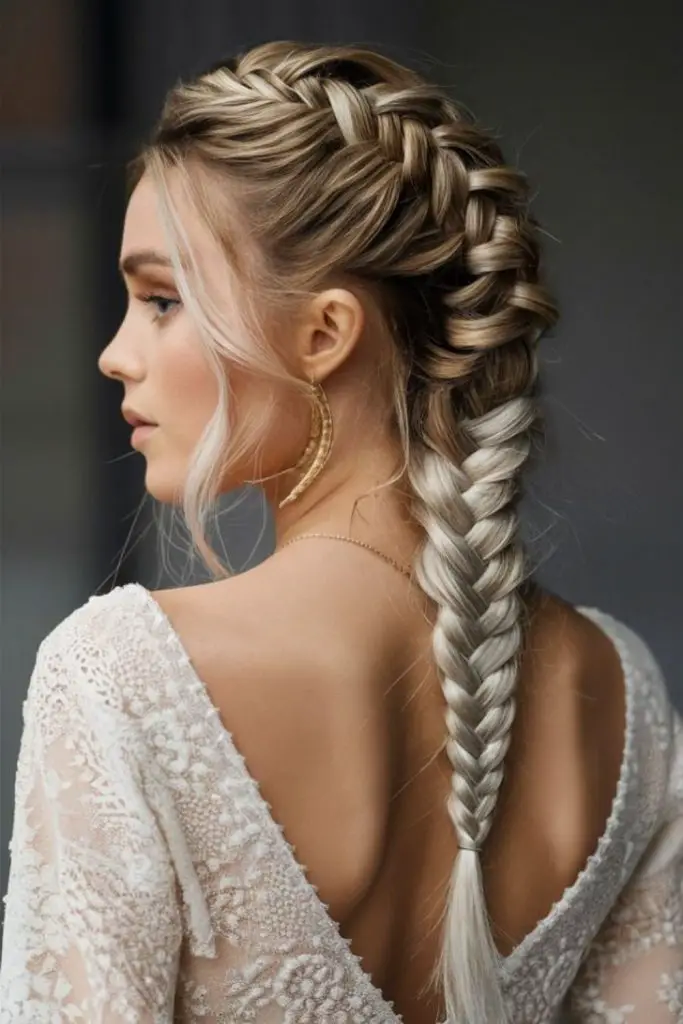 Frost-touched soft white fishtail braid.