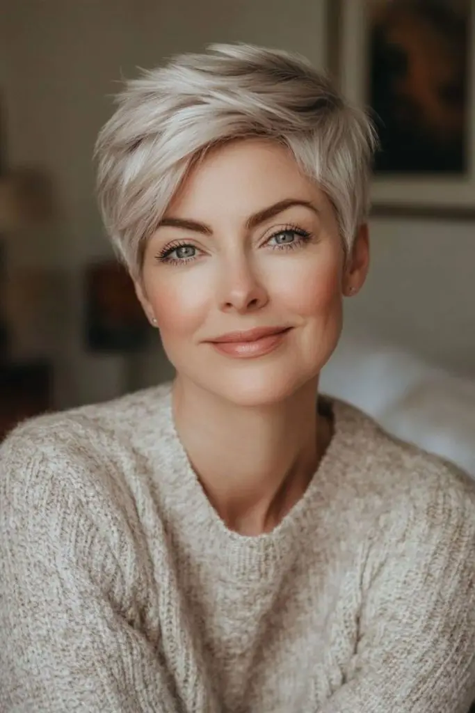 Platinum pixie, bold texture, effortless transformation.