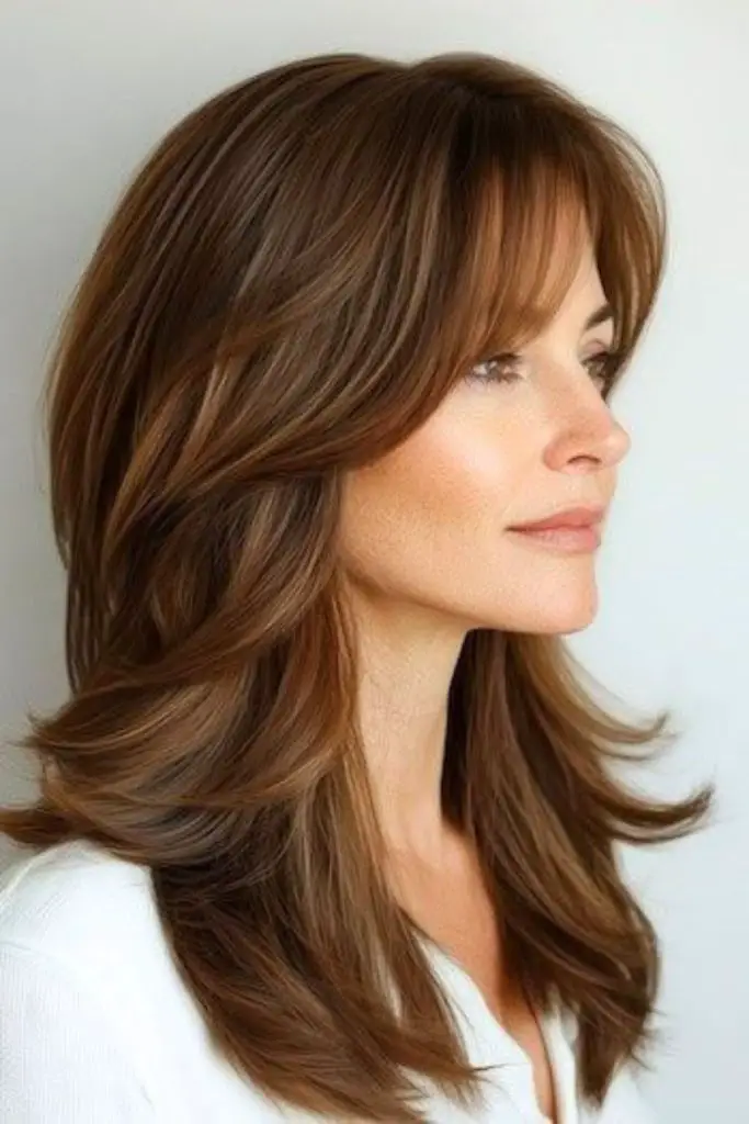 Glossy layered haircut with sloped finish.