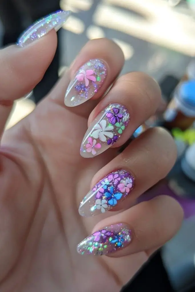 Glittery nails with small flower art