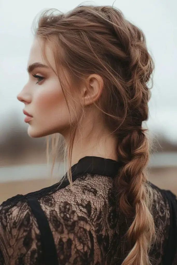 Tangled halo braid with messy charm.