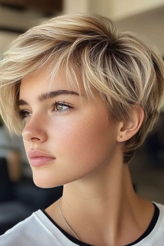 Soft golden halo-shaped pixie style