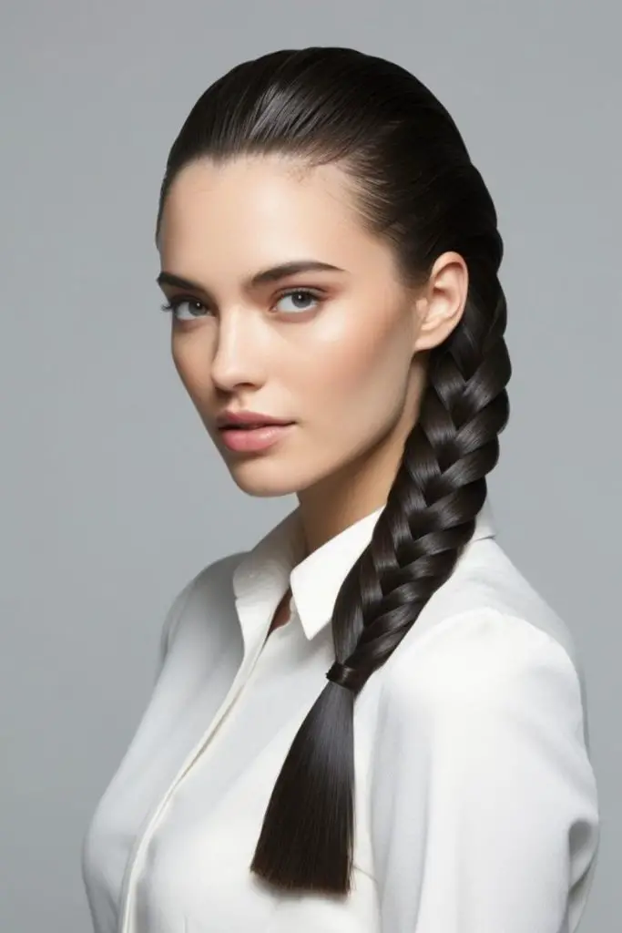 Dark midnight harvest-style fishtail braid.
