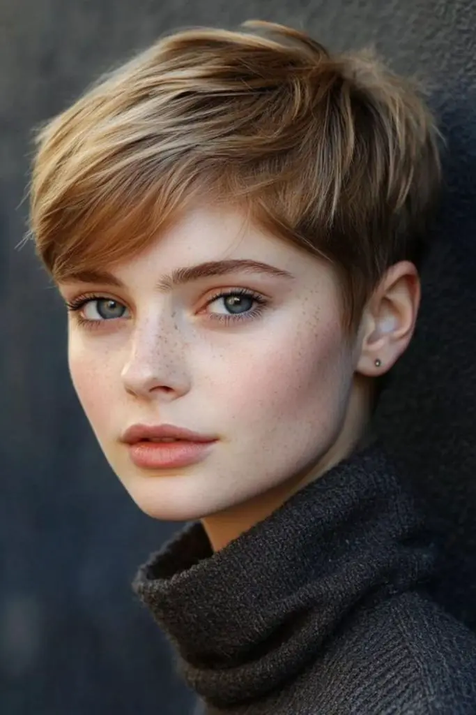 Flowing fringe cut with gold hues.