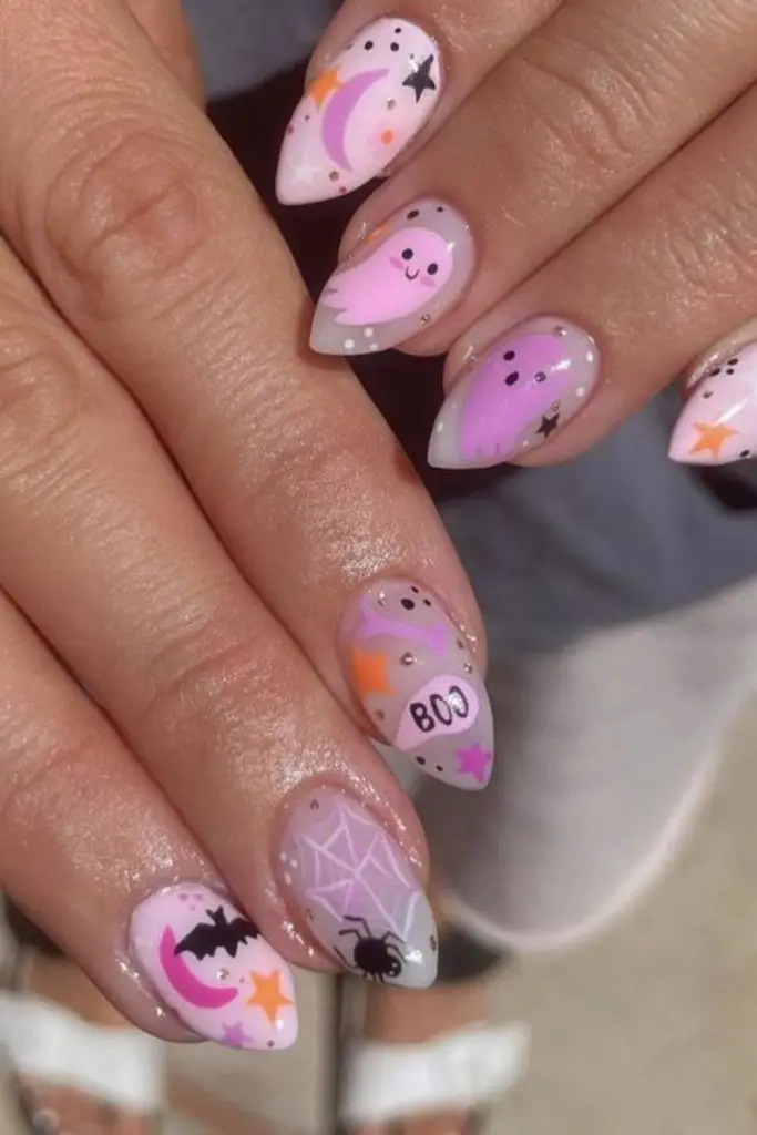 Colorful nails with friendly ghost faces