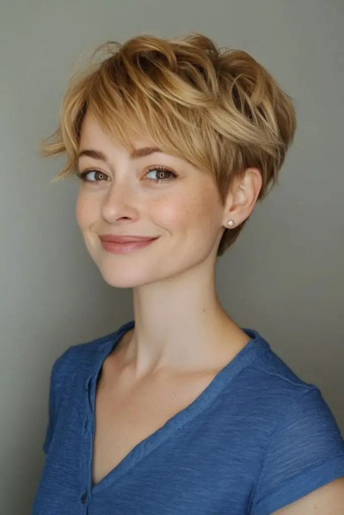 Shiny satin-textured flicked pixie