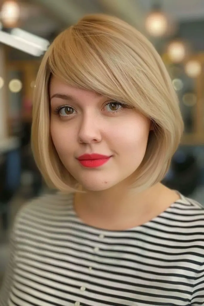Bob with deep side-swept bangs.