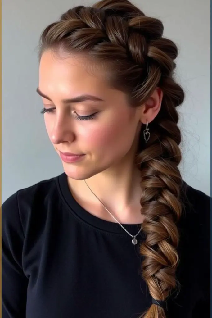Wet look siren fishtail braid.