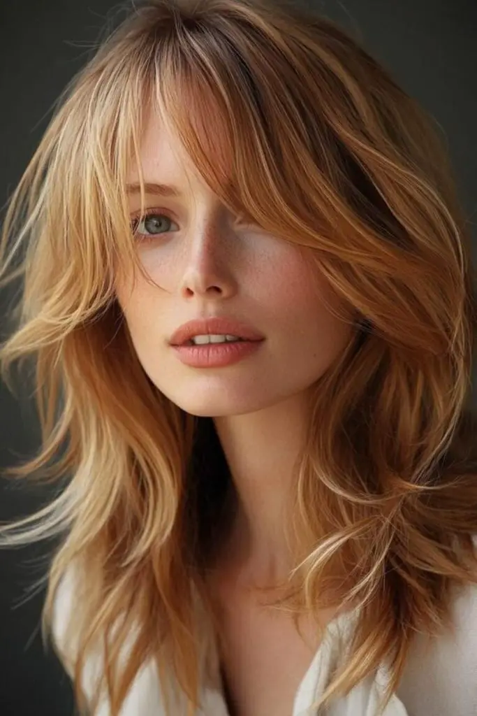 Wispy layered haircut with tousled ends.