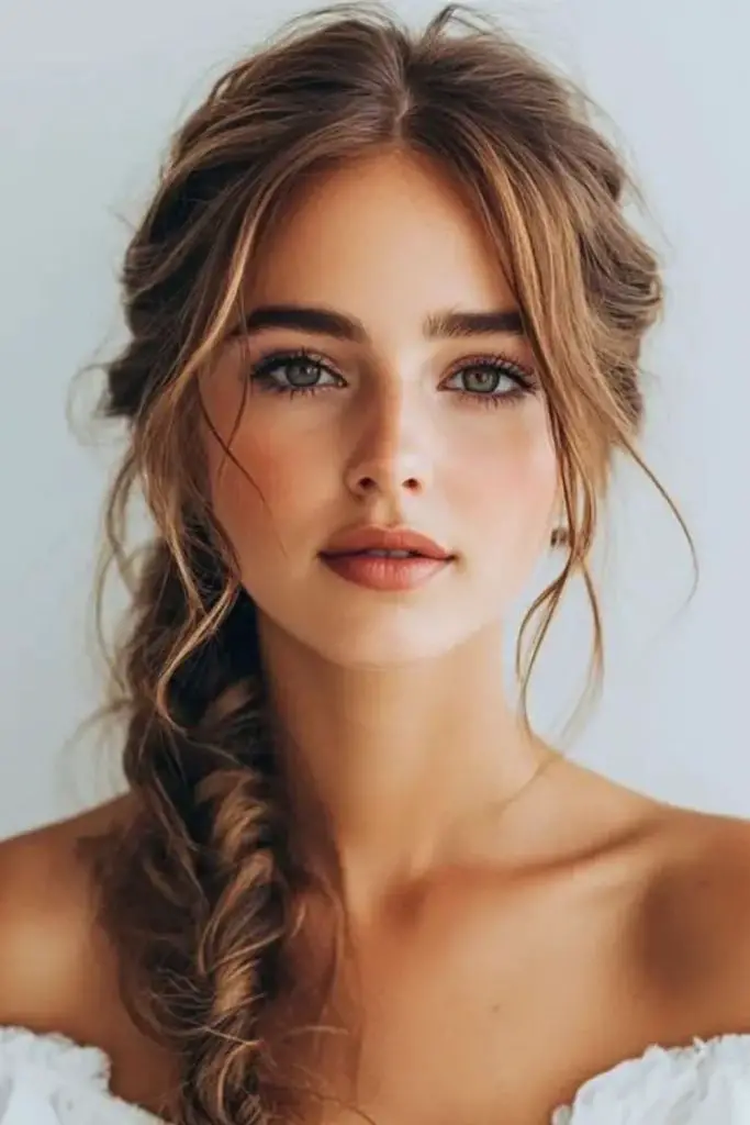 Side braid with airy pulled strands.