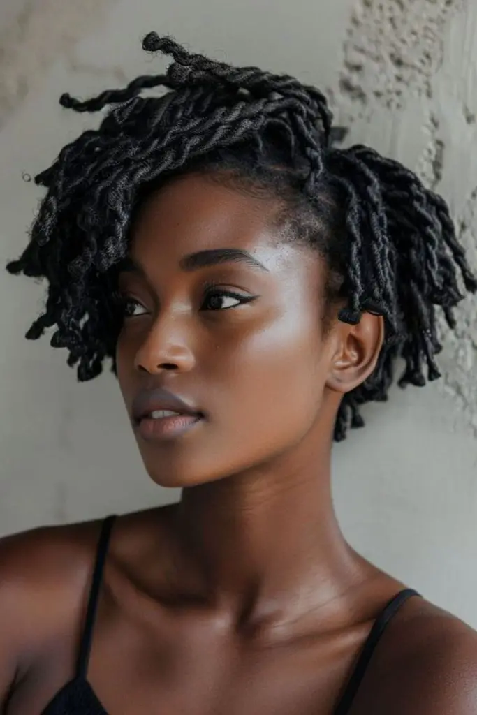 Neat, polished twisted short dreads.