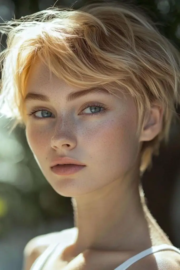 Golden waves, voluminous roots, breezy charm.