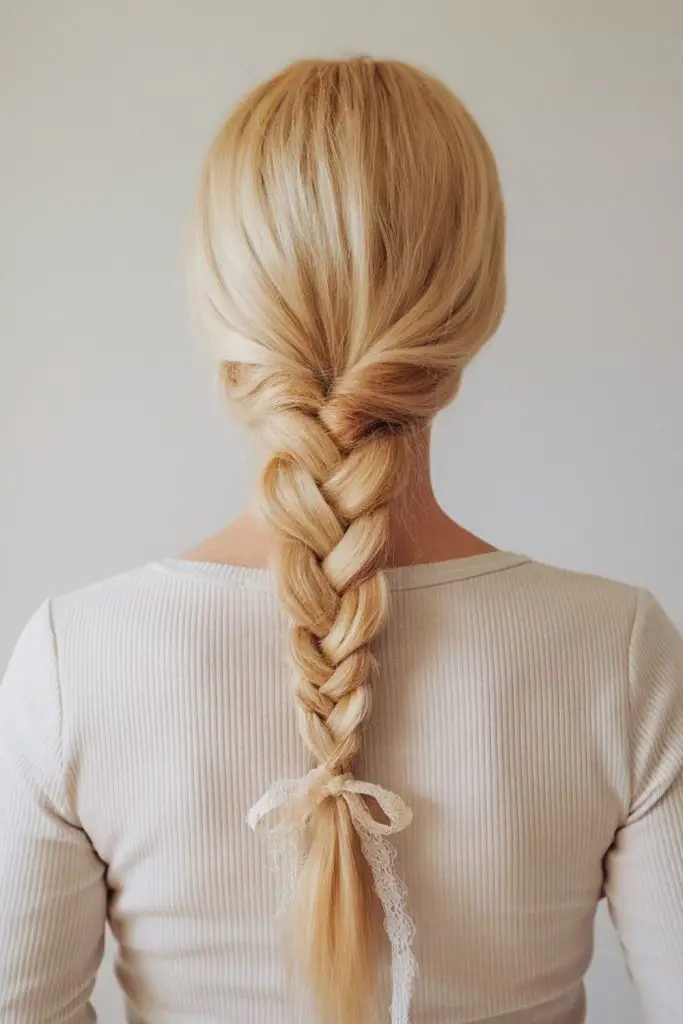 Soft twilight woven fishtail braid style.