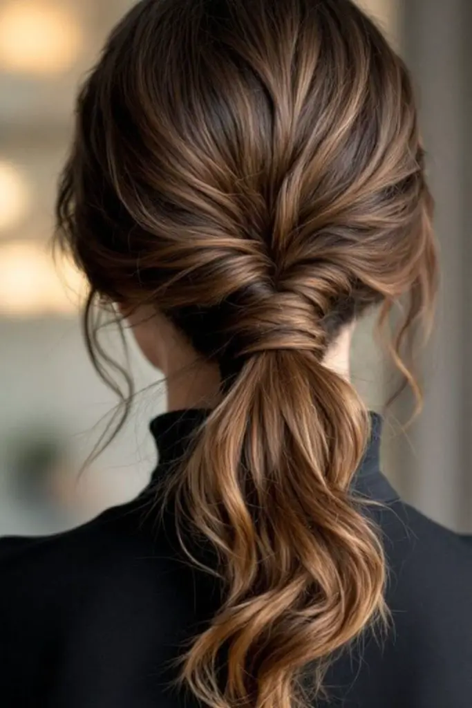 Twisted ponytail with sculpted movement.
