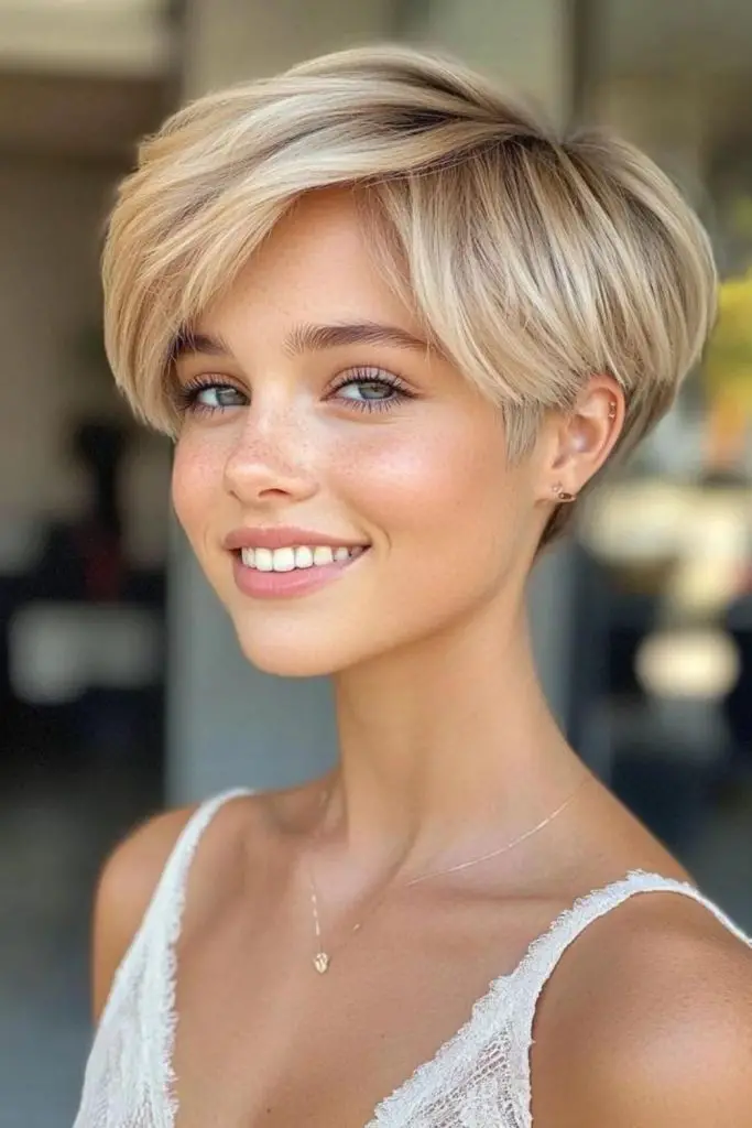 Bold, tapered pixie with longer top