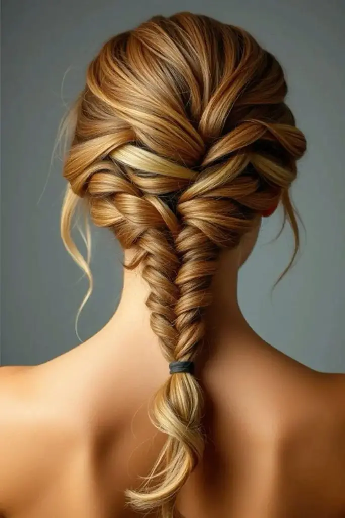 Deep velvet wounded fishtail braid style.