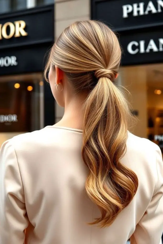 Low ponytail with teased root lift.