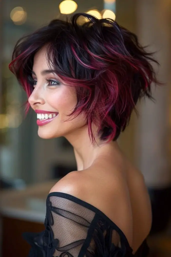 Soft magenta, dark roots, evolving shape.