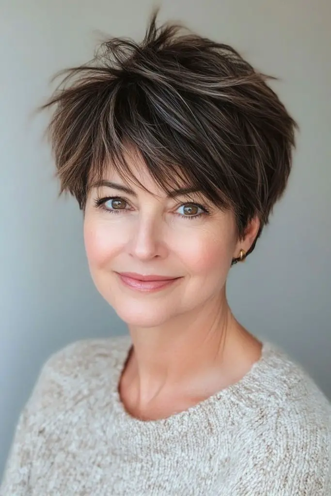 Feathered pixie bob adds soft texture.