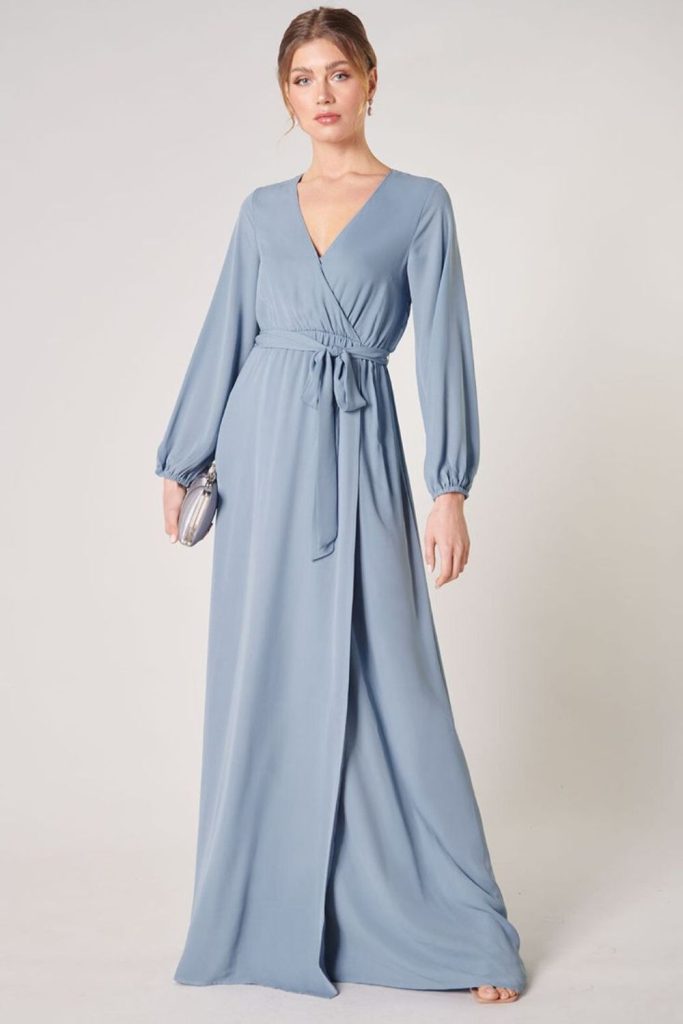 "Soft smoky blue dress with flow."