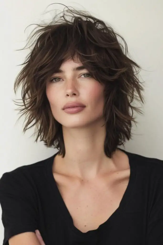 "Tousled layers with rebellious wind-swept texture."