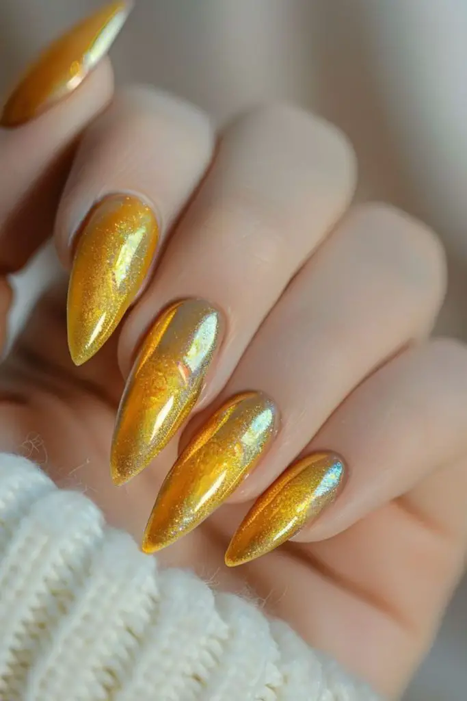Textured yellow nails with crinkle foil.