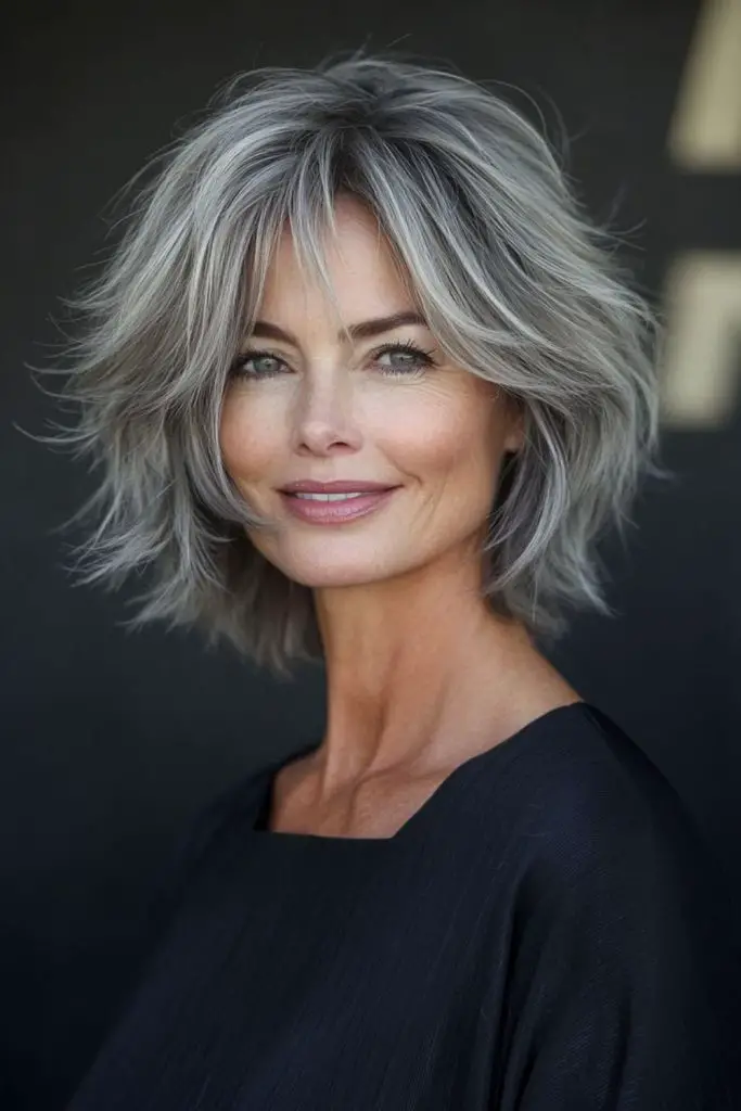Dark bob with flipped edges.
