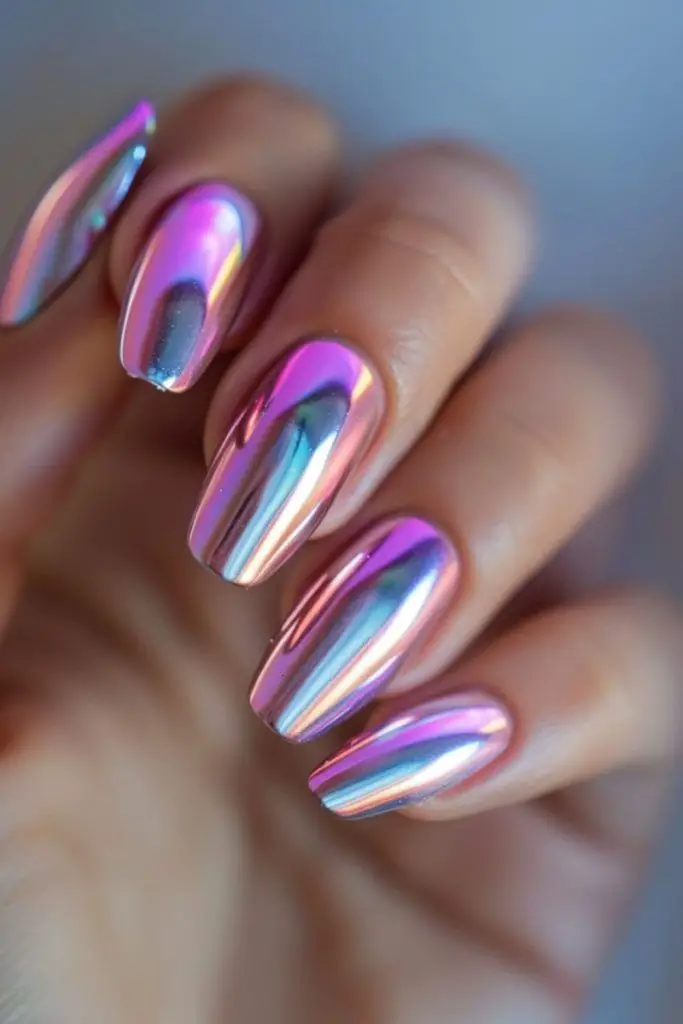 Sheer coral over reflective chrome layers.