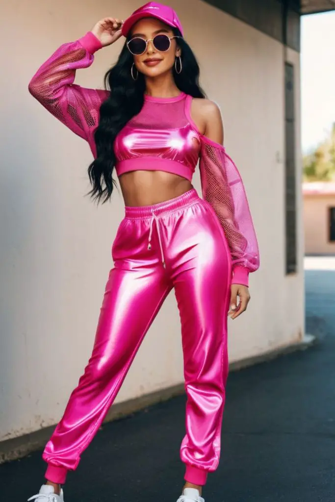 Latex crop paired with joggers.