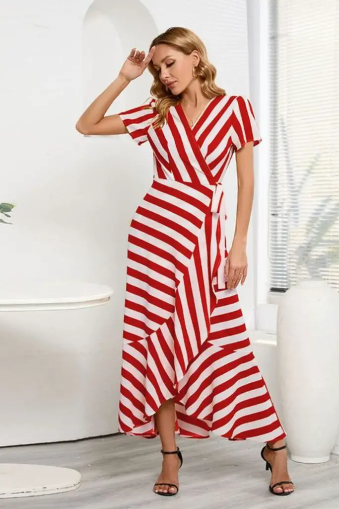 "Bold red zigzag maxi dress with flare."