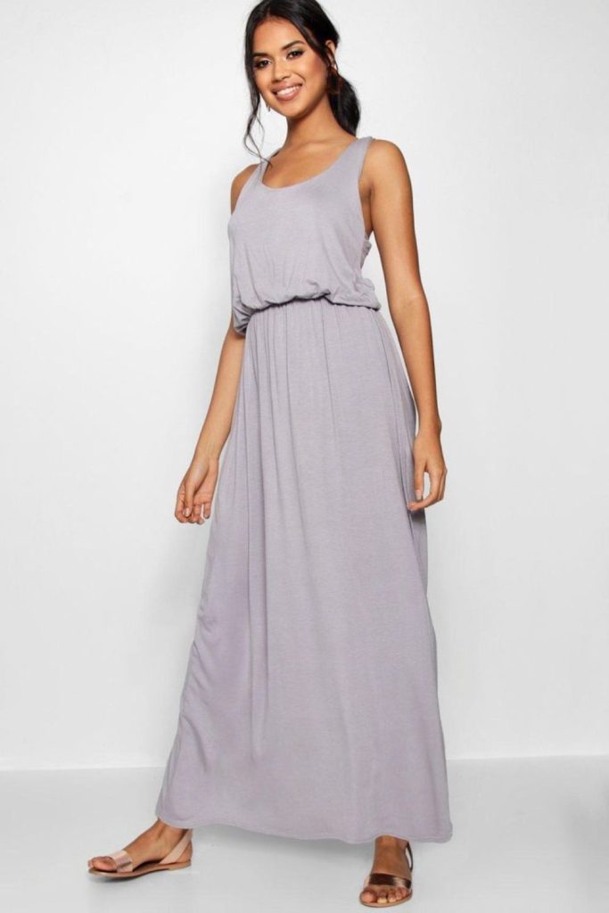 "Grey linen maxi with wide-leg fit."