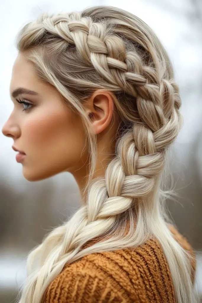 Silver braids shine like frozen glass.