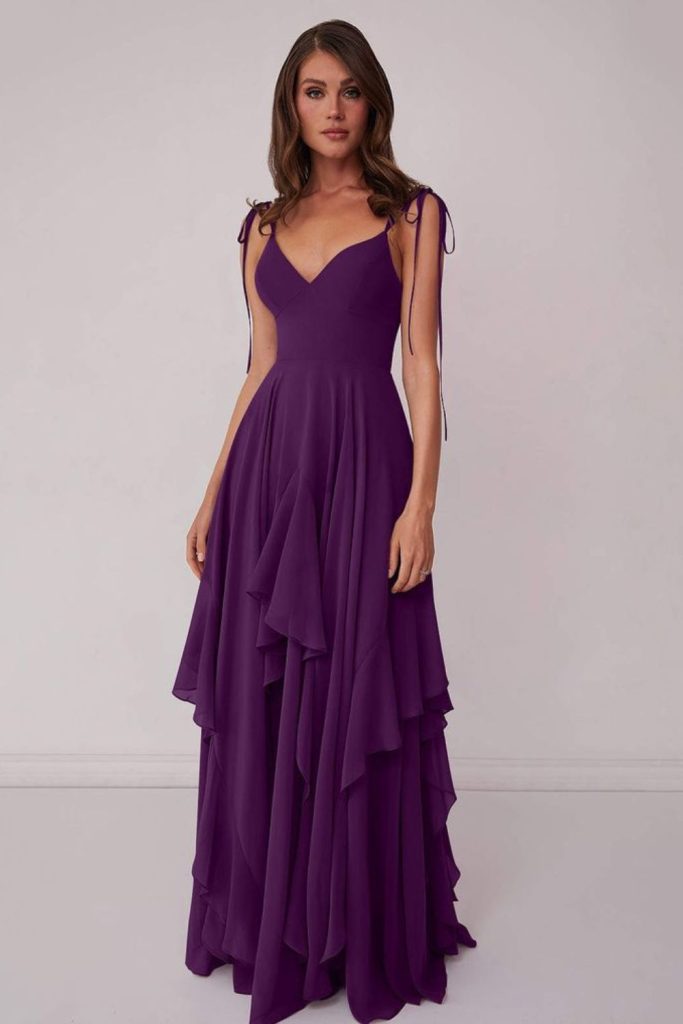 "Soft grape dress with A-line skirt."