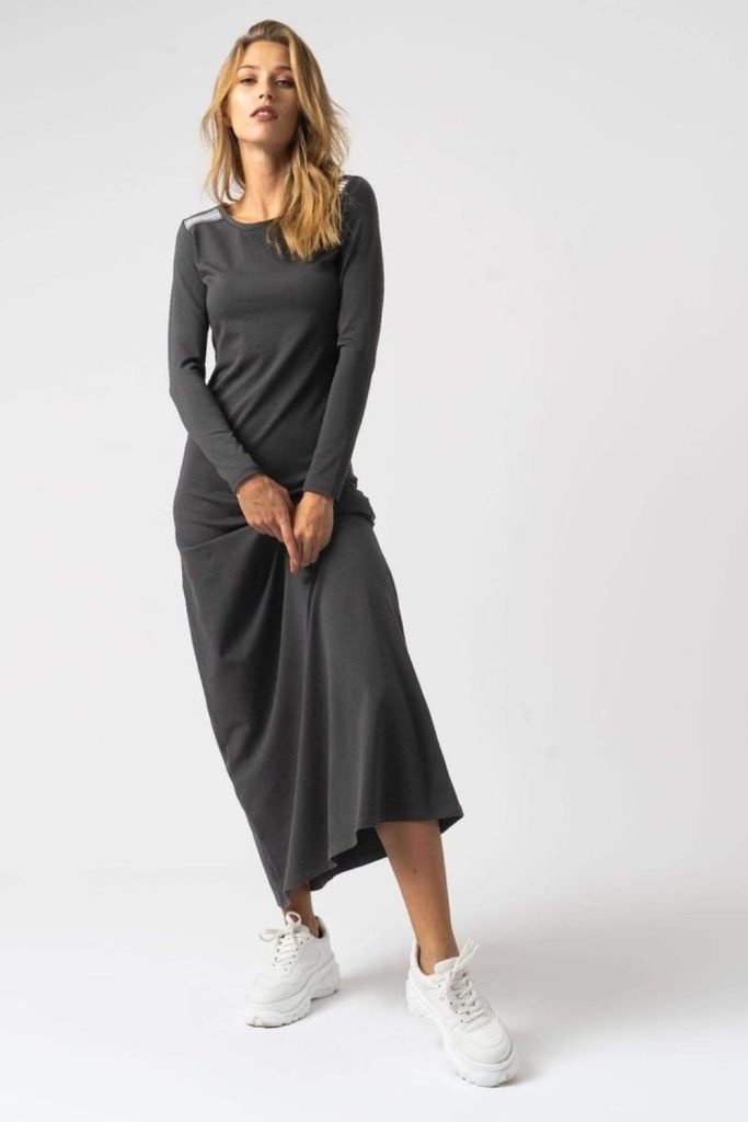 "Graphite dress with sleek, straight cut."