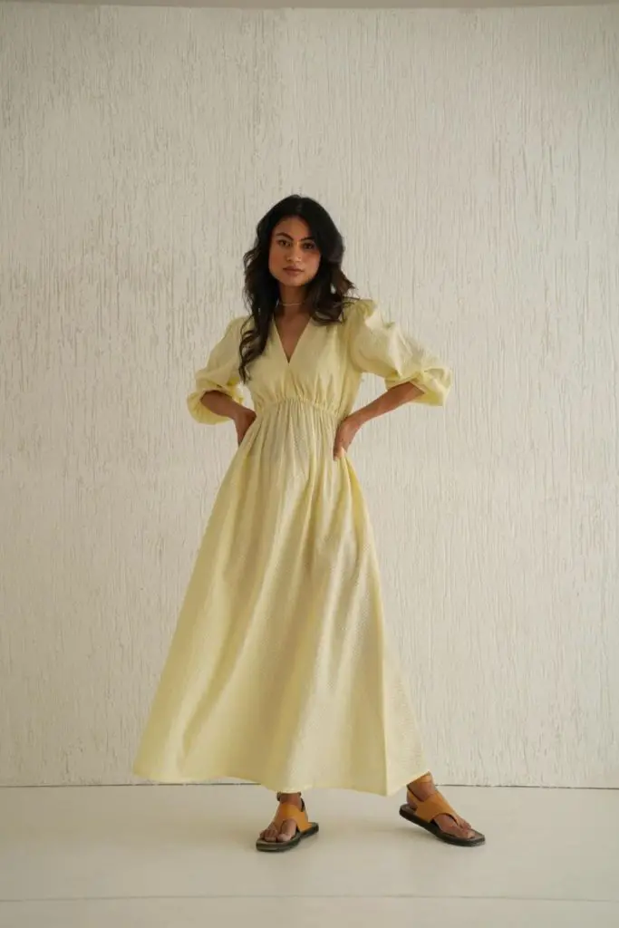 "Golden honey dress with relaxed fit."