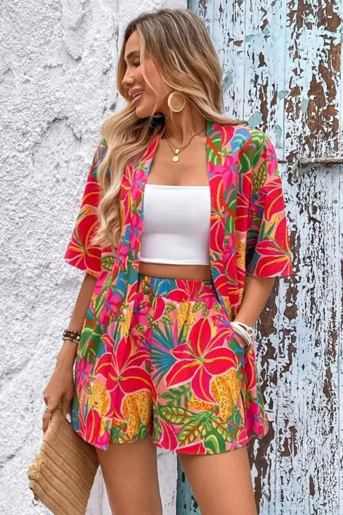 Tropical wrap outfit with neon colors.