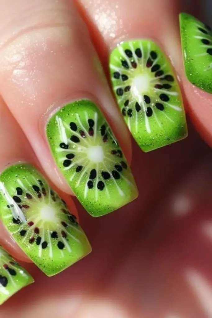 Kiwi-inspired green circular dotted nails