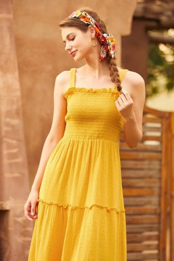 "Bright lemon yellow dress with flow."