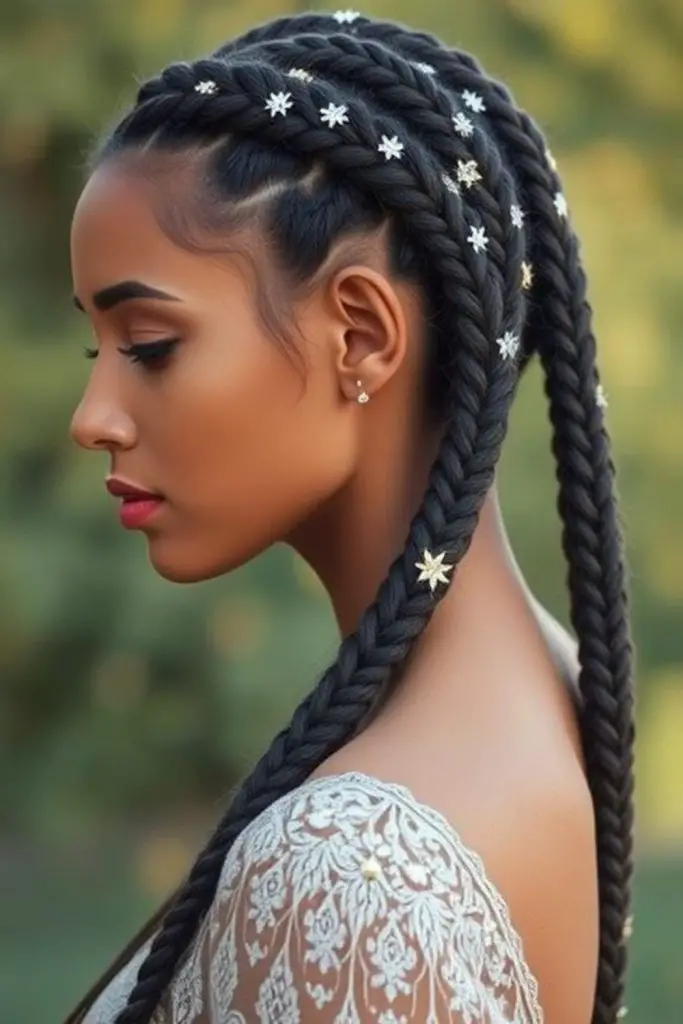 Tiny electric braids slice diagonally with contrast.