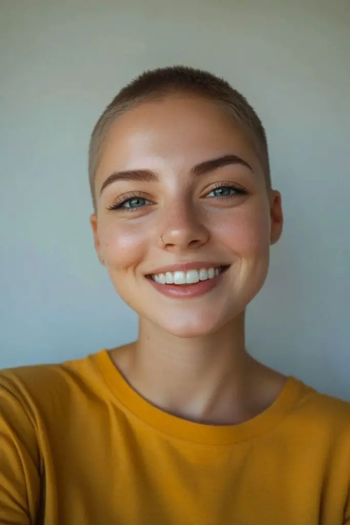 Stone-inspired smooth buzzed hairstyle.