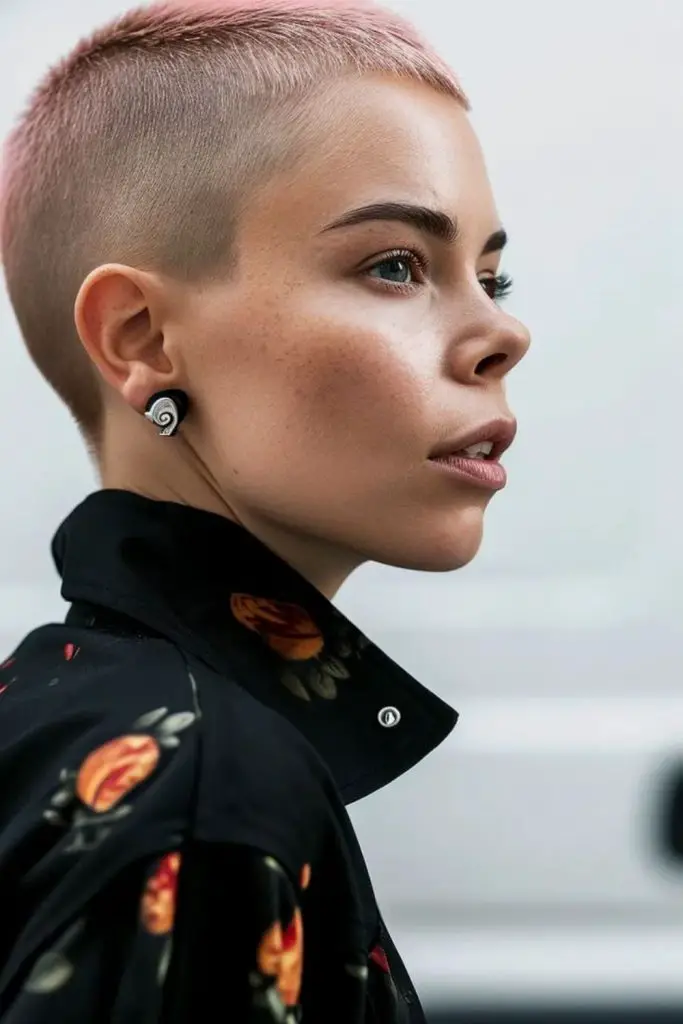 Deep-toned moody buzz cut style.