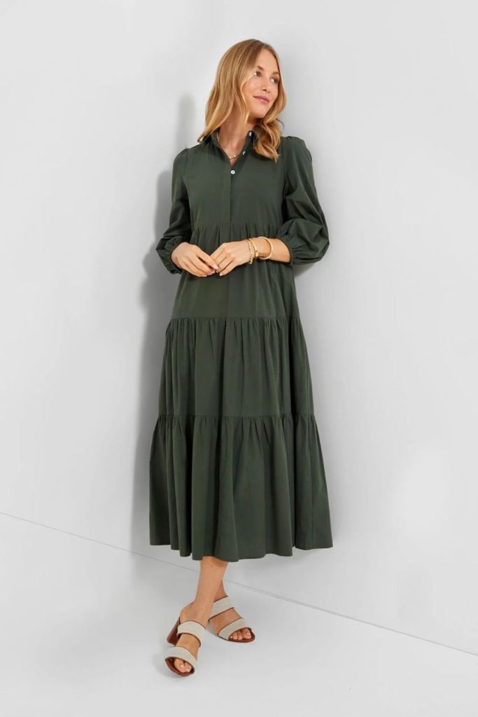 "Moss green relaxed dress with flair."