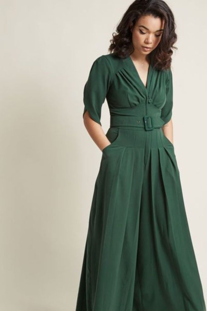 "Olive maxi with relaxed, wide legs."