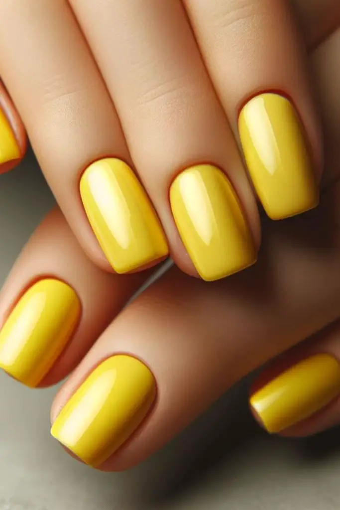 Short square nails in saffron yellow.