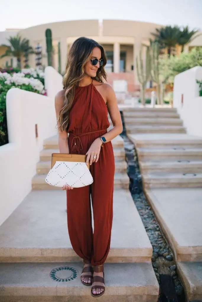 Burnt romper tied with rope belt.